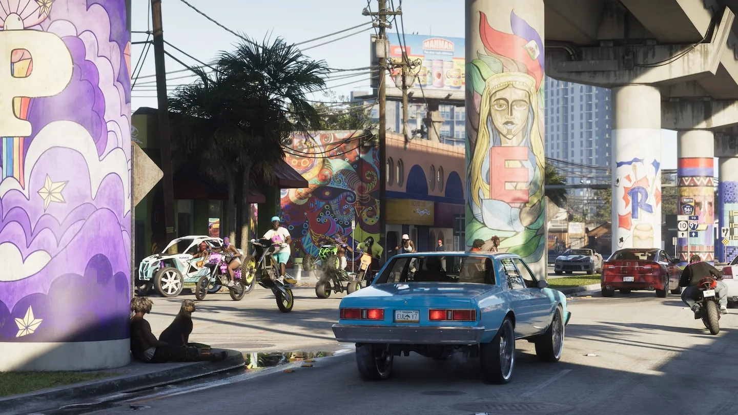 A blue car beneath an overpass in official GTA VI imagery